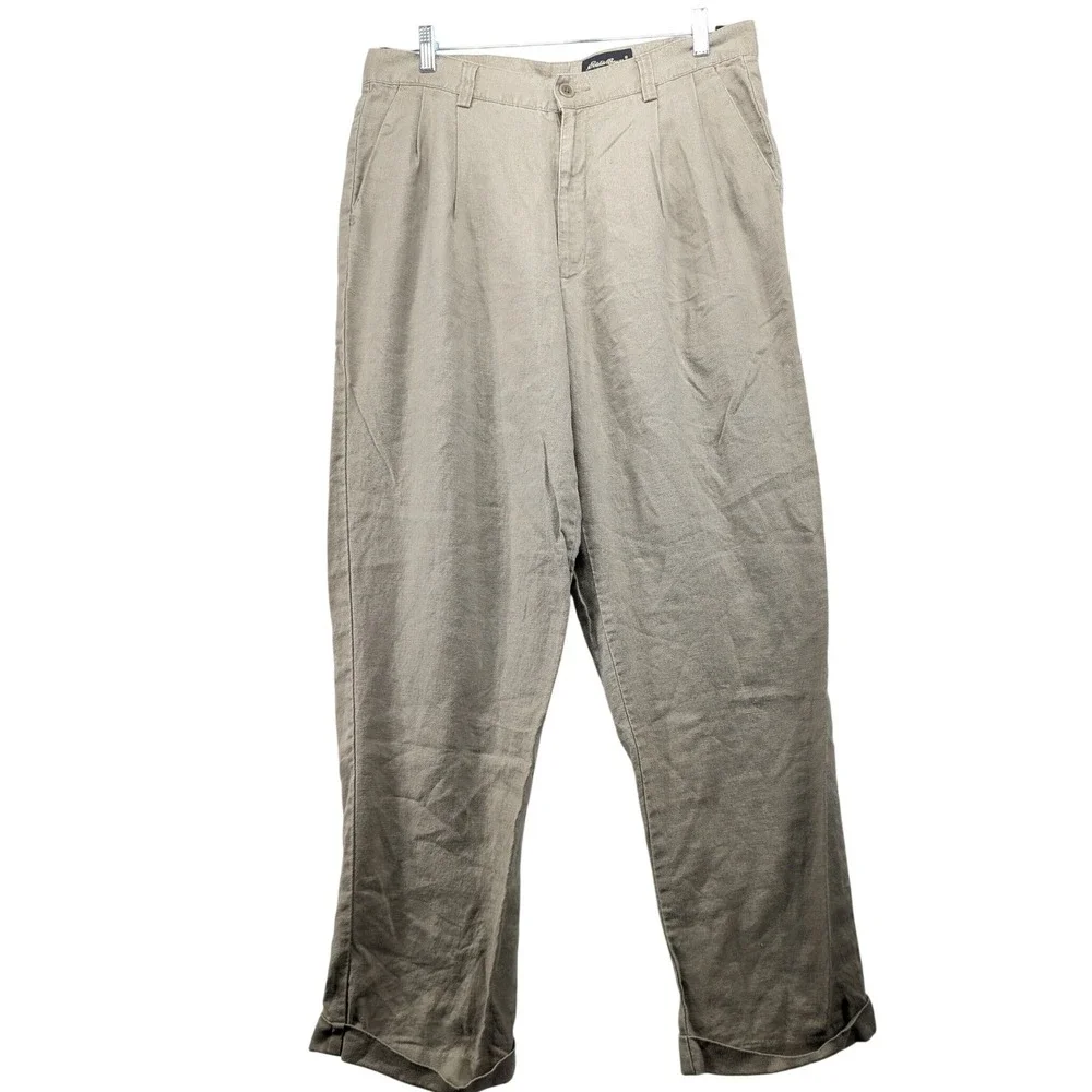 Eddie Bauer‎ Mens 35x32 Pleated Linen Pants Khaki Tan Cuffed Straight Trousers